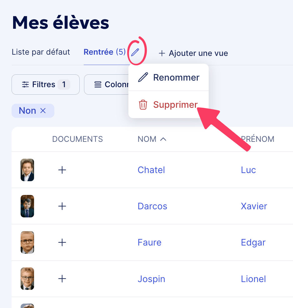 Supprimer une vue ou liste d'élèves