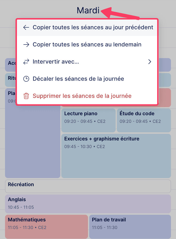 Aperçu options au clic sur une journée