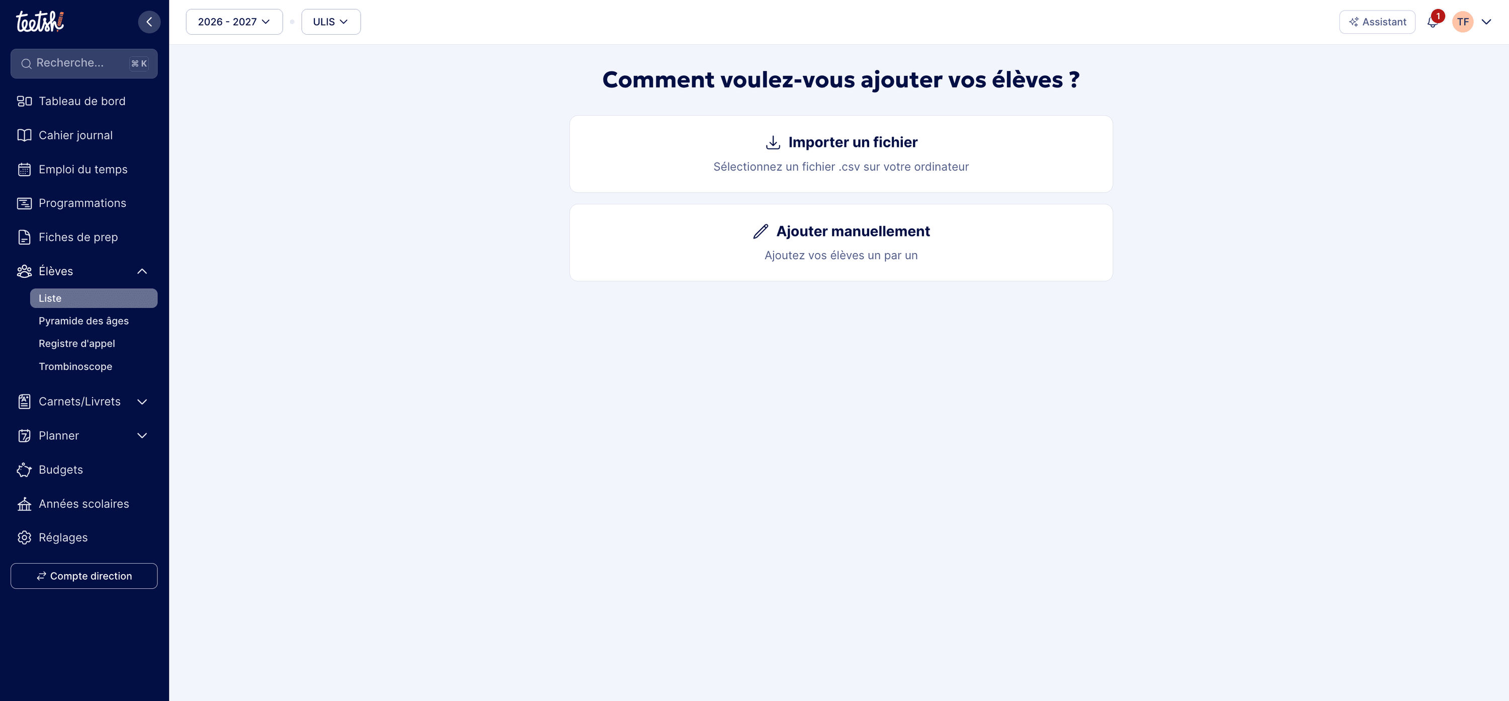 Options d'ajout d'élèves