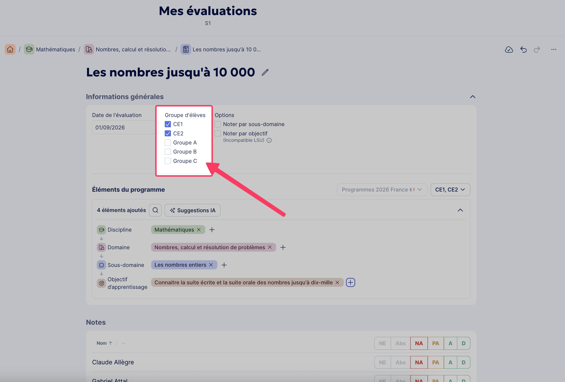 Noter une seule classe ou groupe d'élèves