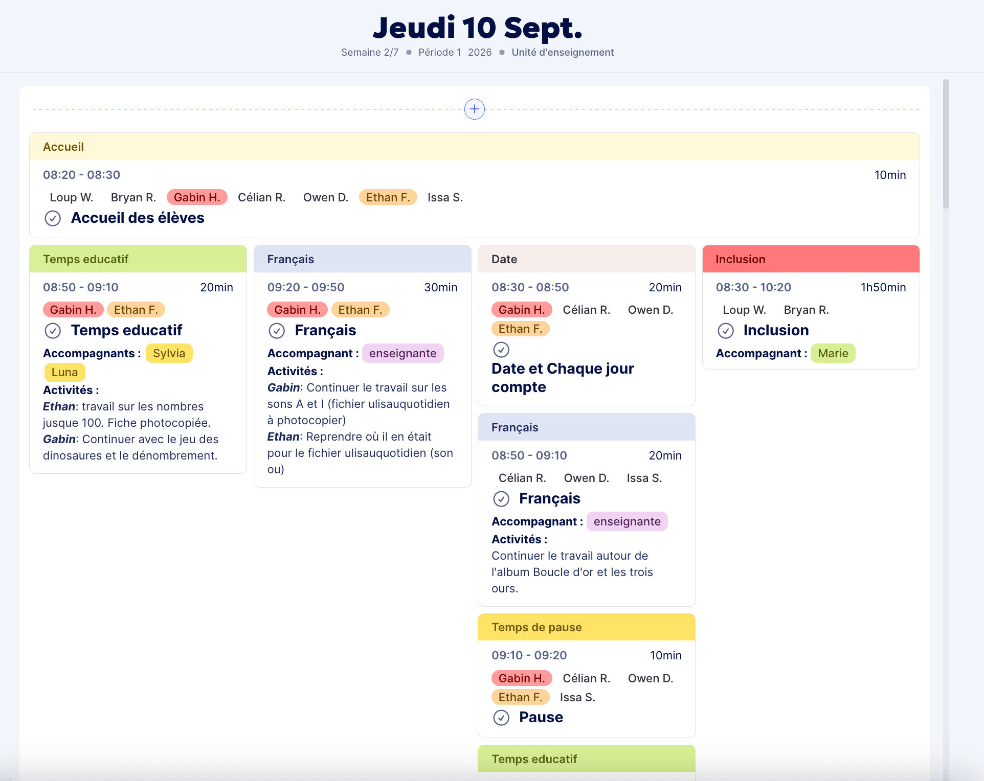 Aperçu cahier journal avec les élèves attribués aux séances