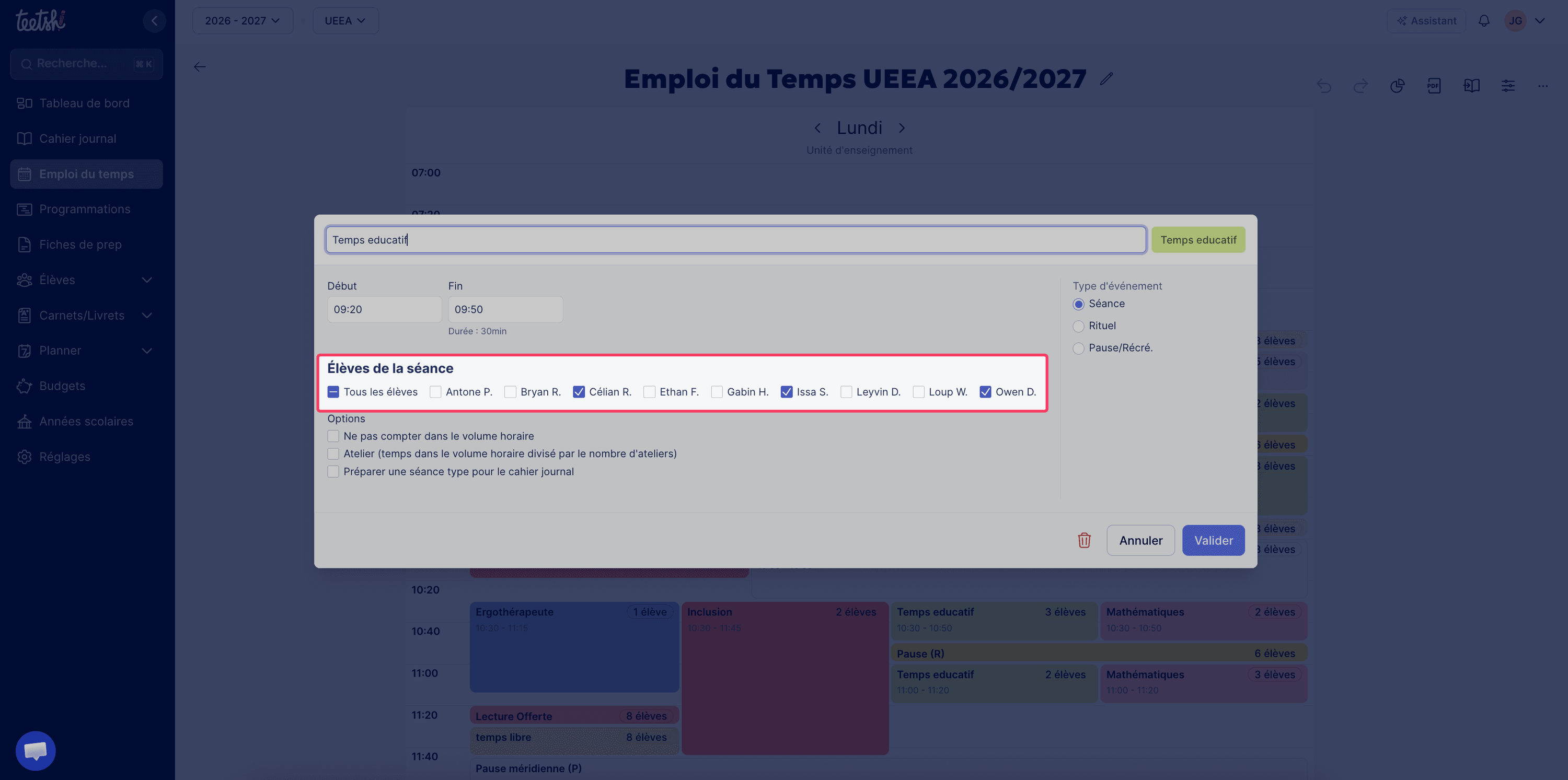 Attribuer un ou des élève(s) à une séance dans l'emploi du temps