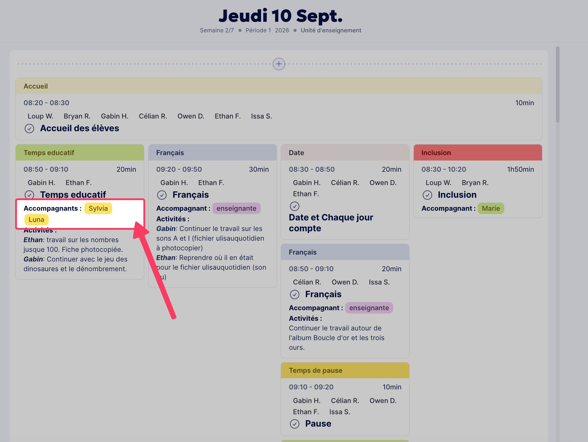 Affichages des accompagnants dans les séances