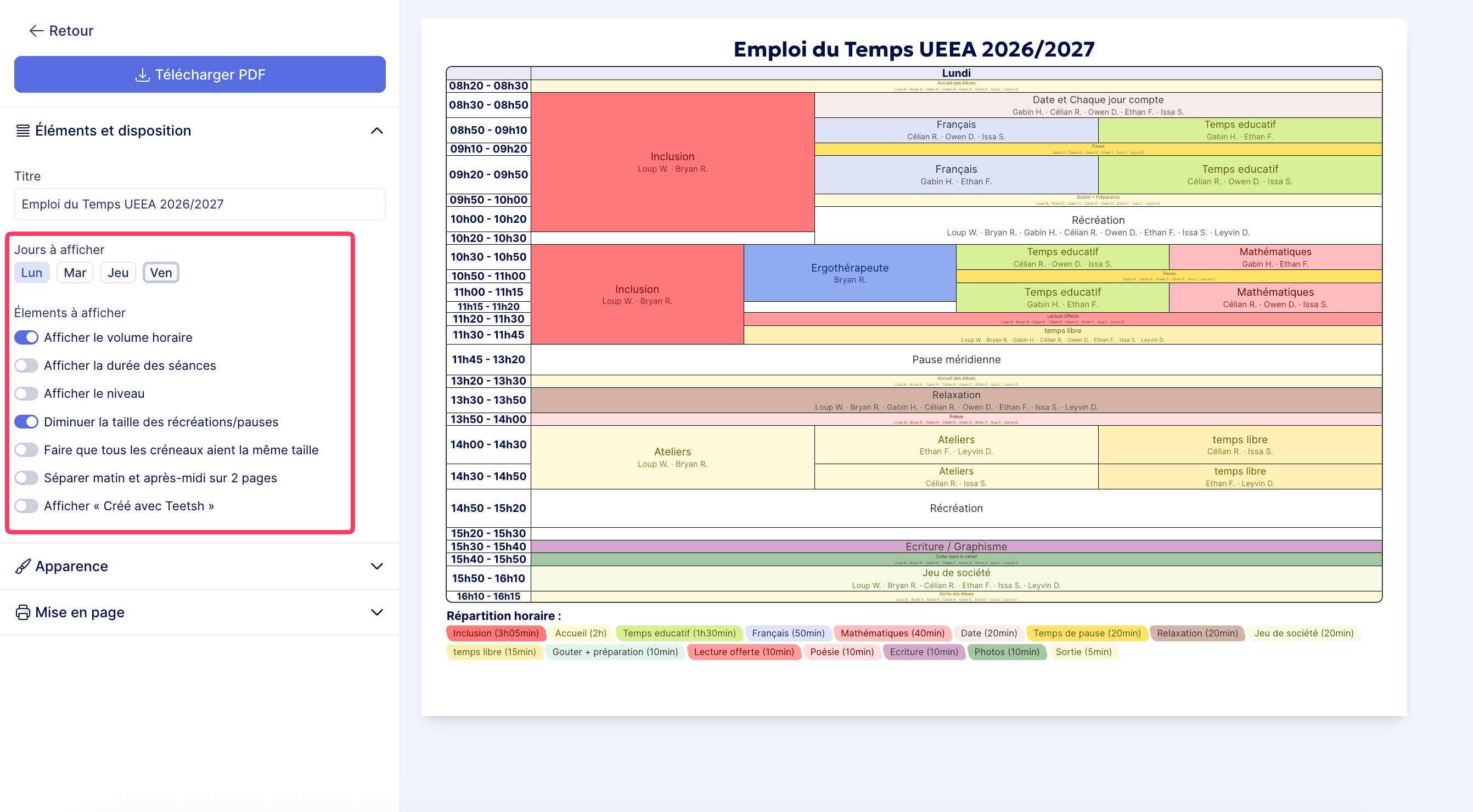 Aperçu PDF de l'emploi du temps en vue Jour