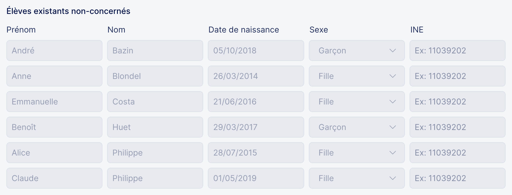 Aperçu de la vue des élèves existants non-concernés par l