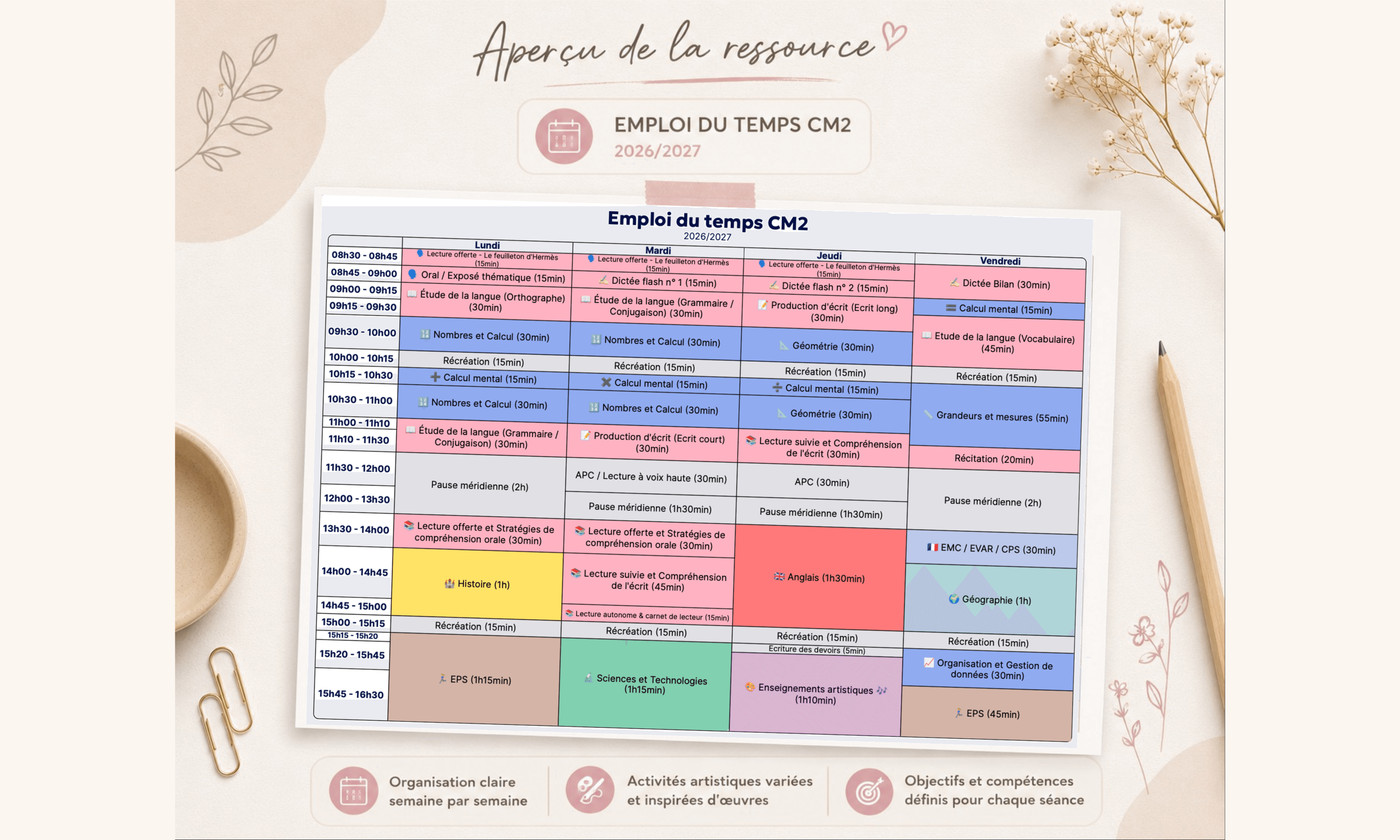 Aperçu Emploi du temps CM2 2026/2027 Madame Maîtresse
