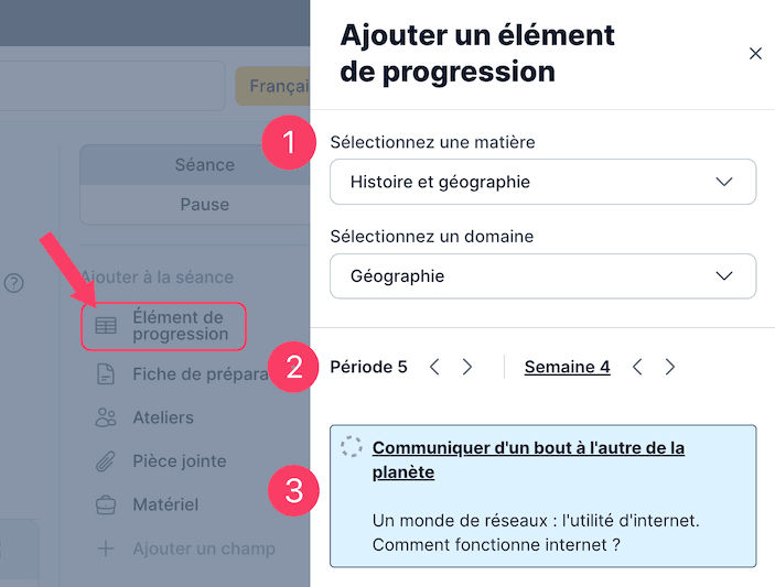 Lier un élément de progression au cahier journal