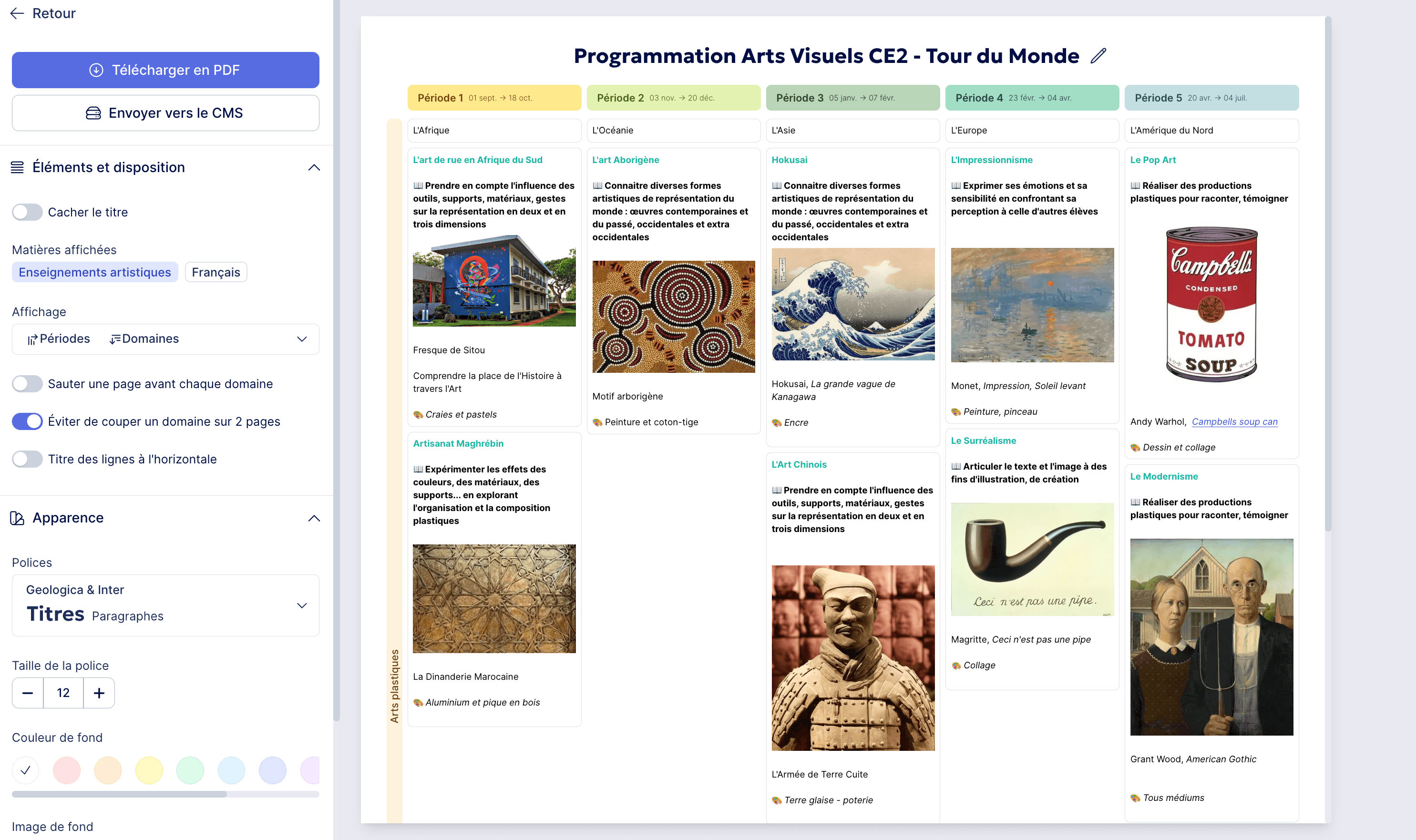 Aperçu PDF de programmation avec configuration des éléments, apparence et mise en page