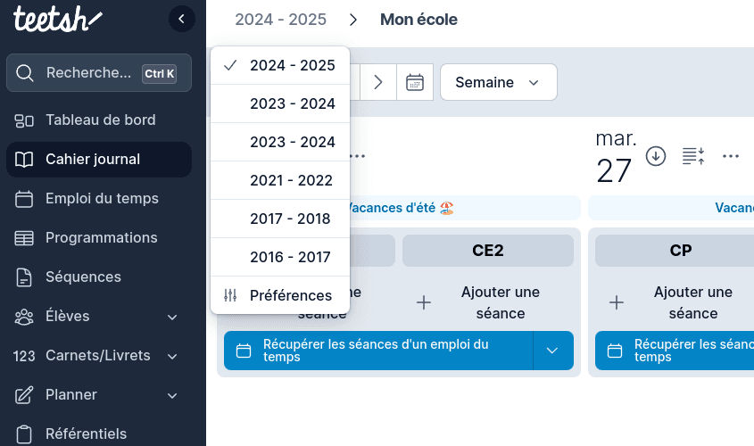 Changer année scolaire courante