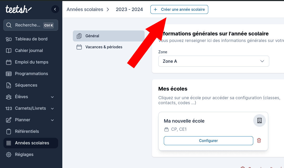 Bouton créer une nouvelle année scolaire