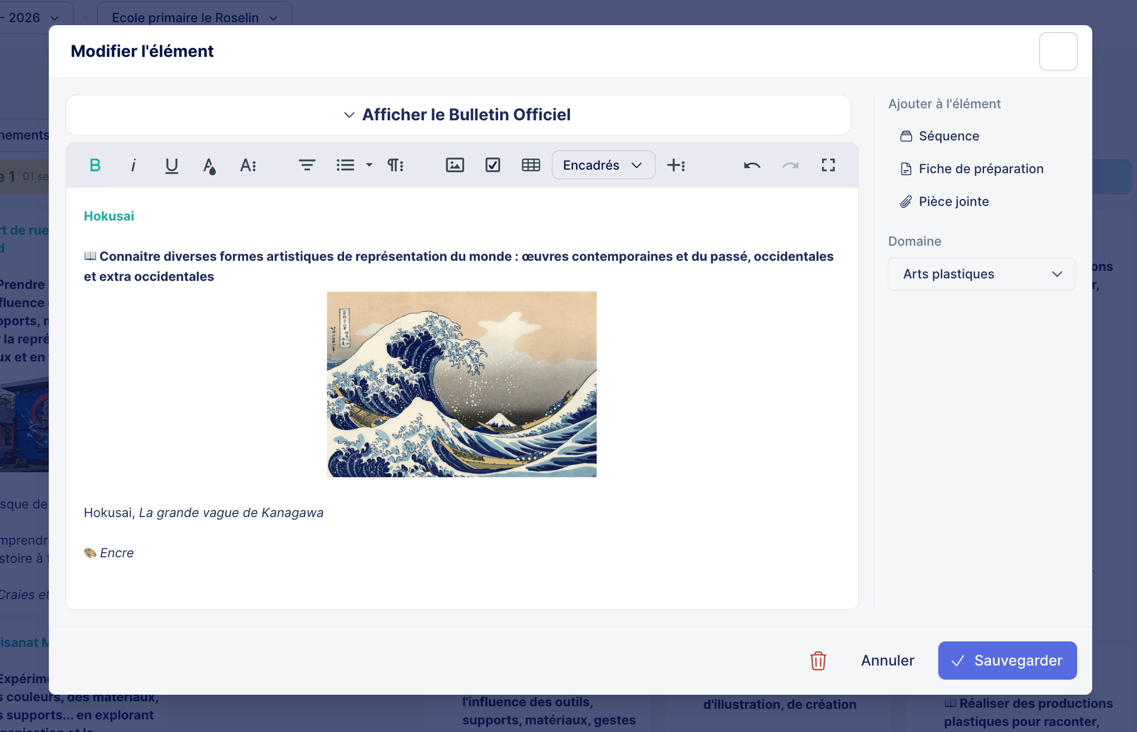 Aperçu de la vue pour modifier un élément de programmation