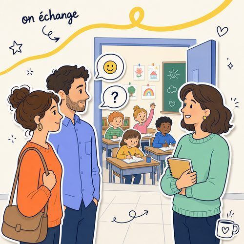 Échange entre parents et PE devant la classe — illustration