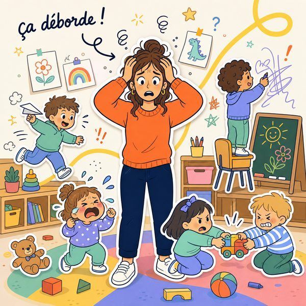 PE de maternelle débordée par sa classe — illustration