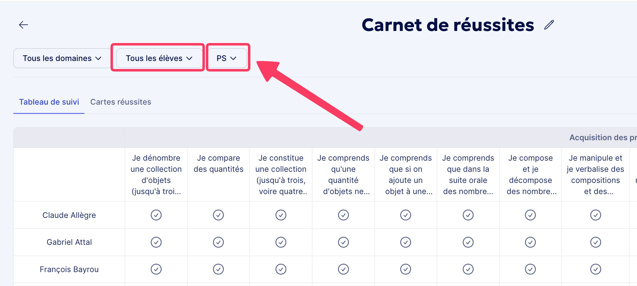 Filtrer vue du suivi des réussites par élèves ou classe