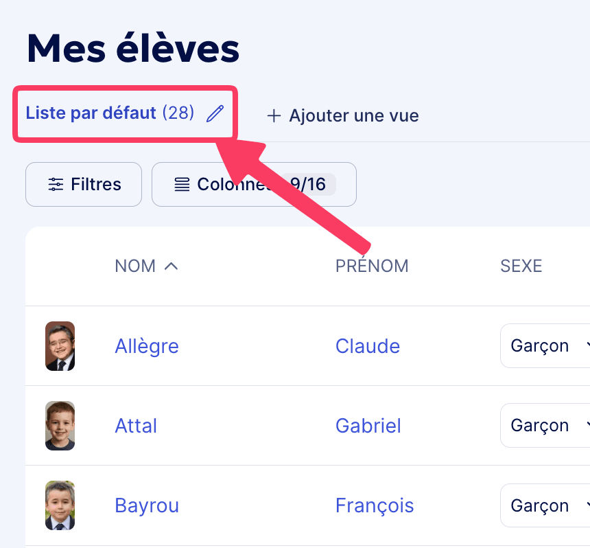 Nombre d'élèves sur la liste en cours