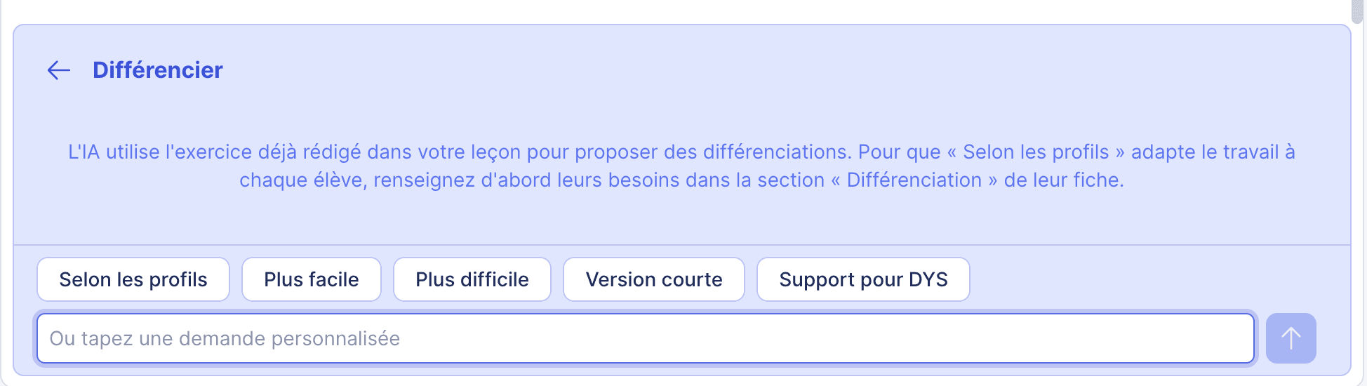 Panneau Différencier de l'assistant IA Teetsh avec les options Selon les profils, Plus facile, Plus difficile, Version courte et Support pour DYS.