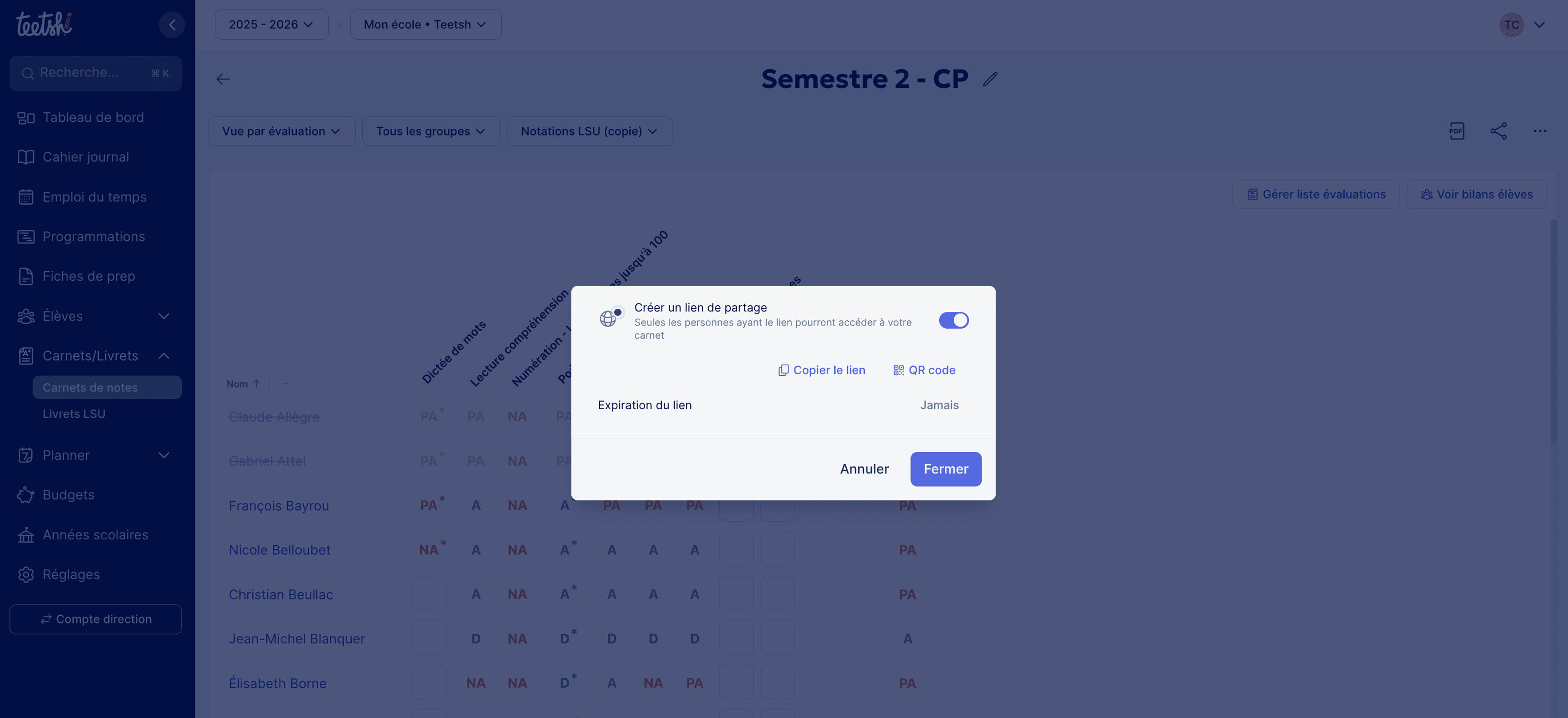 Création d'un lien de partage d'un carnet de notes