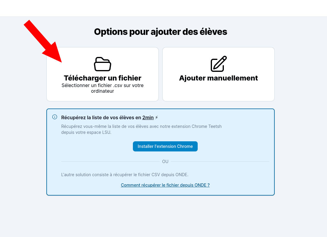 Écran pour importer ses élèves via fichier CSV