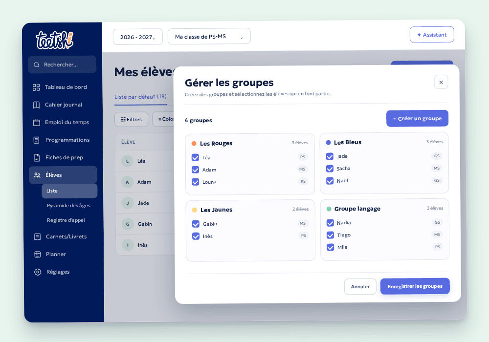 Gestion des groupes d’élèves dans Teetsh pour une classe de PS-MS