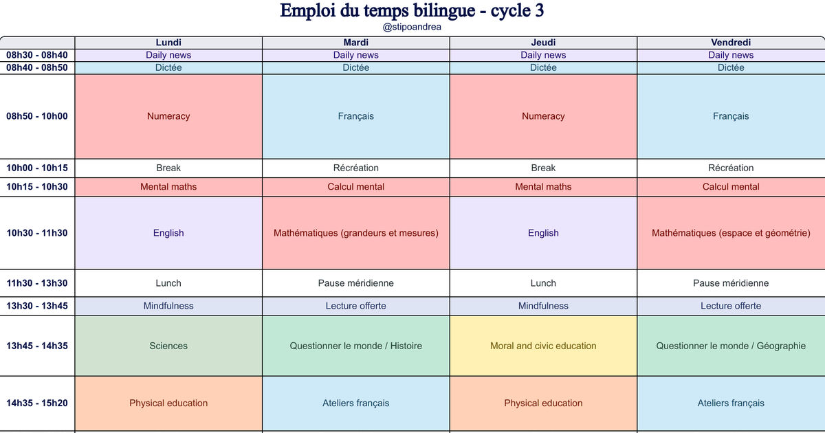Emploi du temps bilingue - cycle 3 - Teetsh