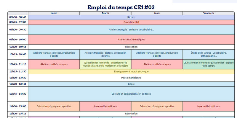 Modèle d'emploi du temps CE1 - aperçu