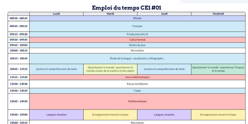 Modèle d'emploi du temps CE1 - aperçu
