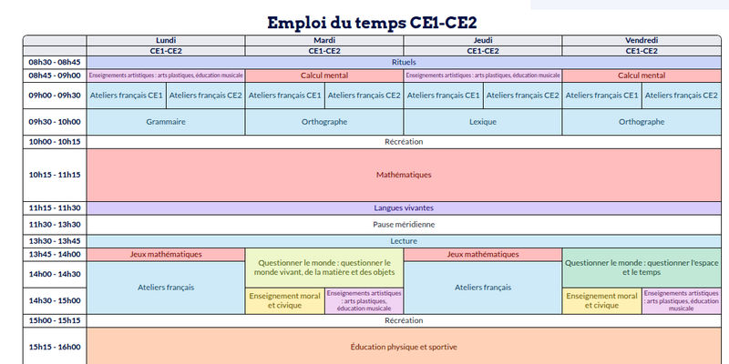 Modèle d'emploi du temps CE1-CE2 - aperçu