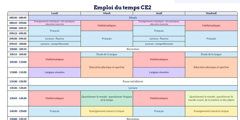 Modèle d'emploi du temps CE2 - aperçu
