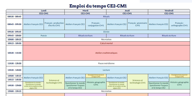 Modèle d'emploi du temps CE2-CM1 - aperçu