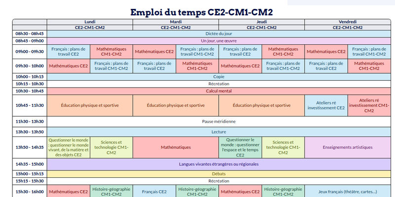 Modèle d'emploi du temps CE2-CM1-CM2 - aperçu