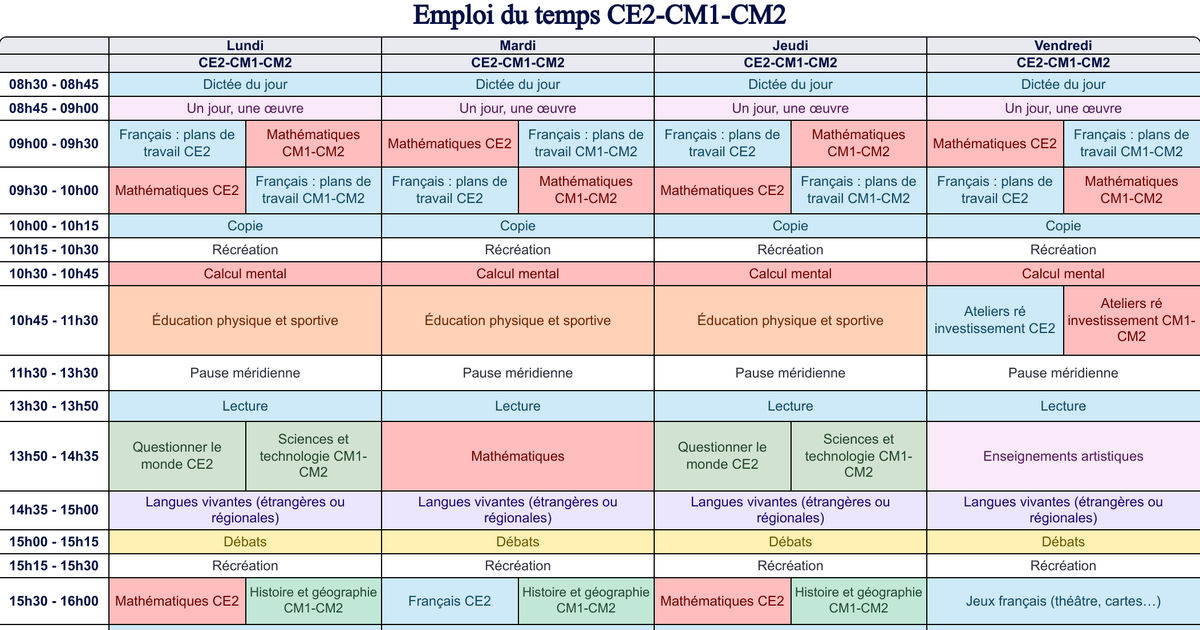 Emploi du temps CE2-CM1-CM2 - Cycle 2 - Cycle 3 - Teetsh