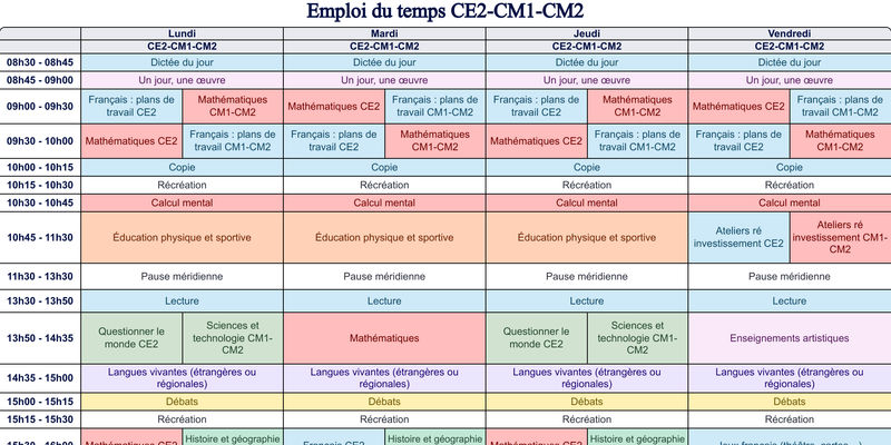 Modèle d'emploi du temps CE2-CM1-CM2 - aperçu