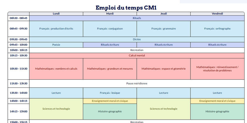 Modèle d'emploi du temps CM1 - aperçu
