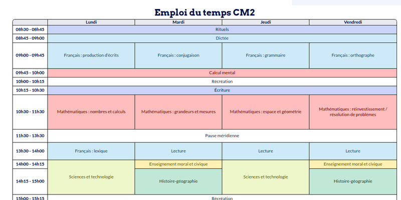 Modèle d'emploi du temps CM2 - aperçu