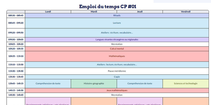 Modèle d'emploi du temps CP - aperçu