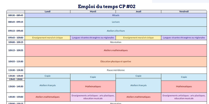 Modèle d'emploi du temps CP - aperçu