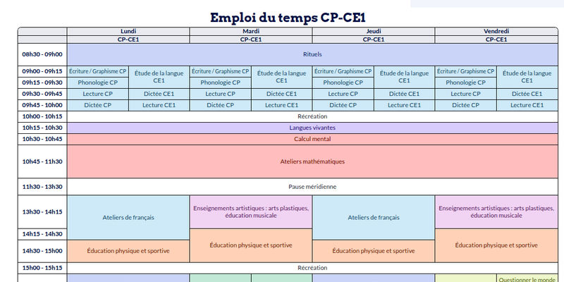 Modèle d'emploi du temps CP-CE1 - aperçu