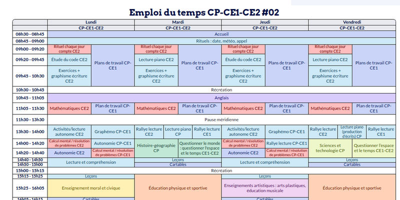 Modèle d'emploi du temps CP-CE1-CE2 - aperçu