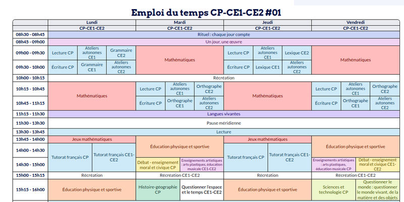 Modèle d'emploi du temps CP-CE1-CE2 - aperçu