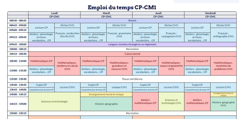 Modèle d'emploi du temps CP-CM1 - aperçu