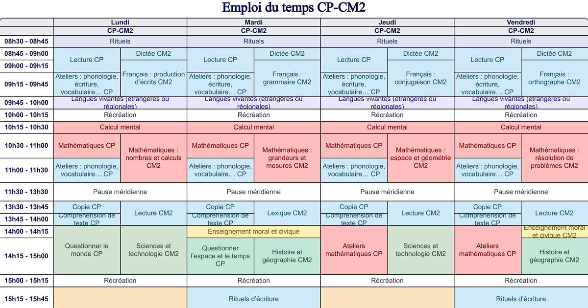Emploi du temps CP-CM2 - Cycle 2 - Cycle 3 - Teetsh