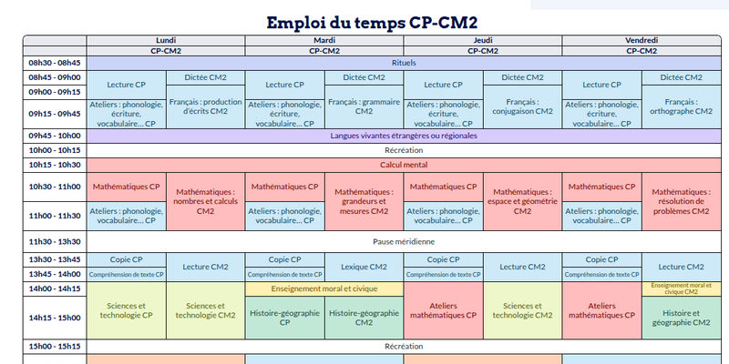 Modèle d'emploi du temps CP-CM2 - aperçu