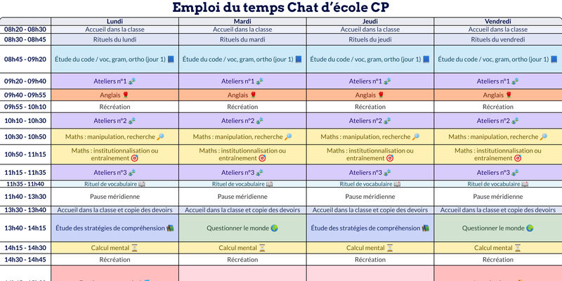 Modèle d'emploi du temps CP Chat d’école - aperçu