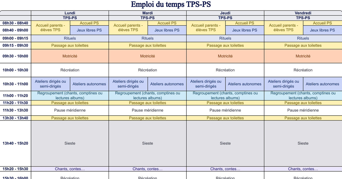 Emploi du temps TPS-PS - Cycle 1 - Teetsh