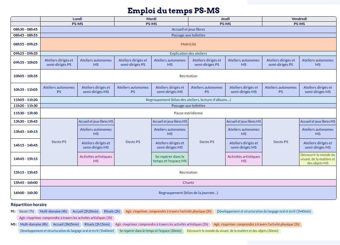 Modèle d'emploi du temps Maternelle - aperçu
