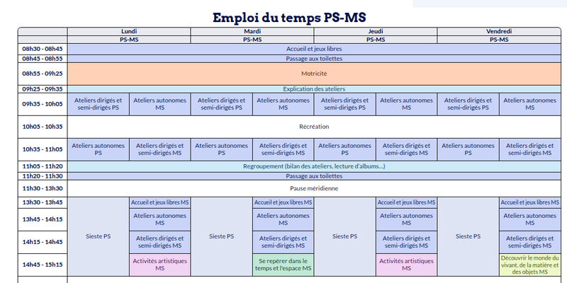 Modèle d'emploi du temps Maternelle - aperçu