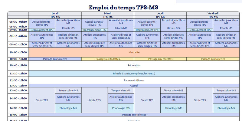 Modèle d'emploi du temps Maternelle - aperçu