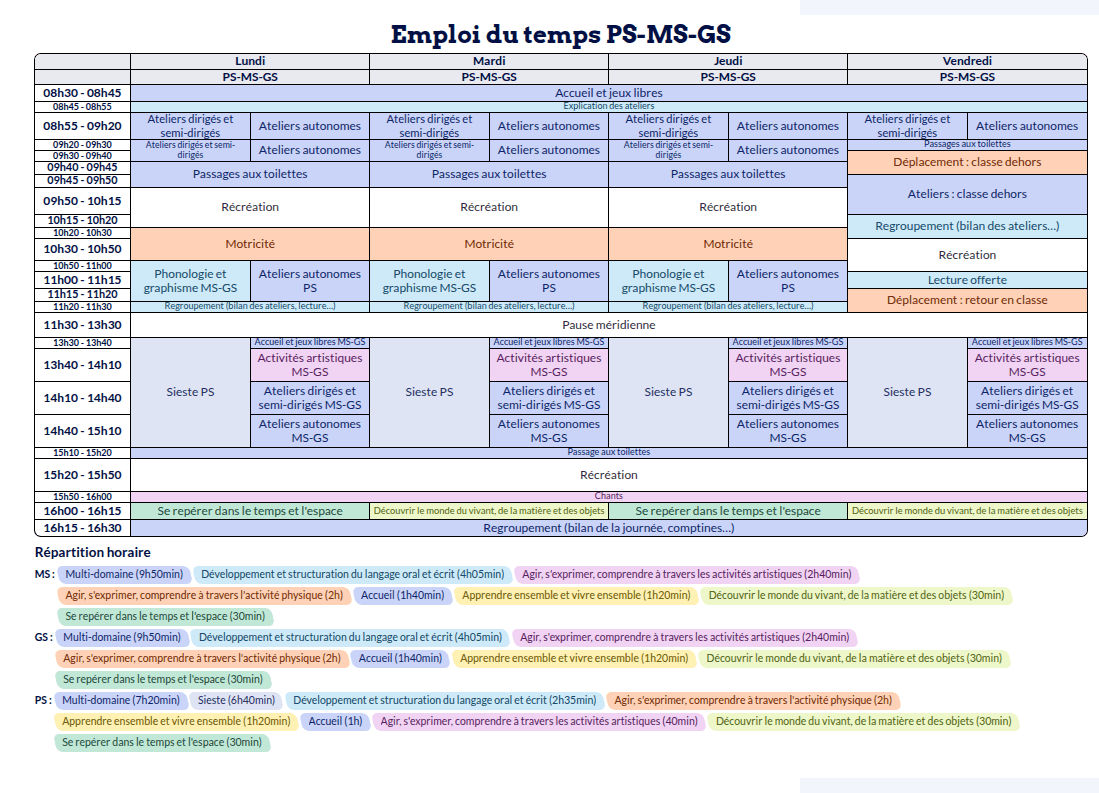 Modèle d'emploi du temps Maternelle - aperçu