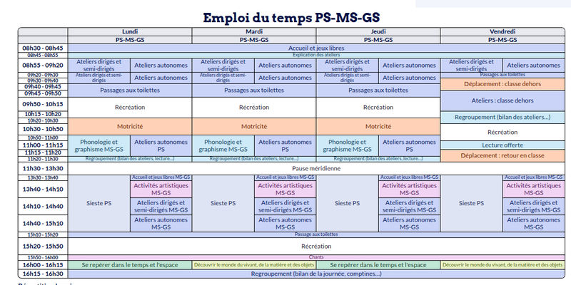 Modèle d'emploi du temps Maternelle - aperçu