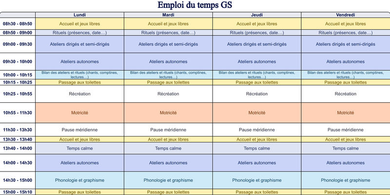 Modèle d'emploi du temps Maternelle - aperçu